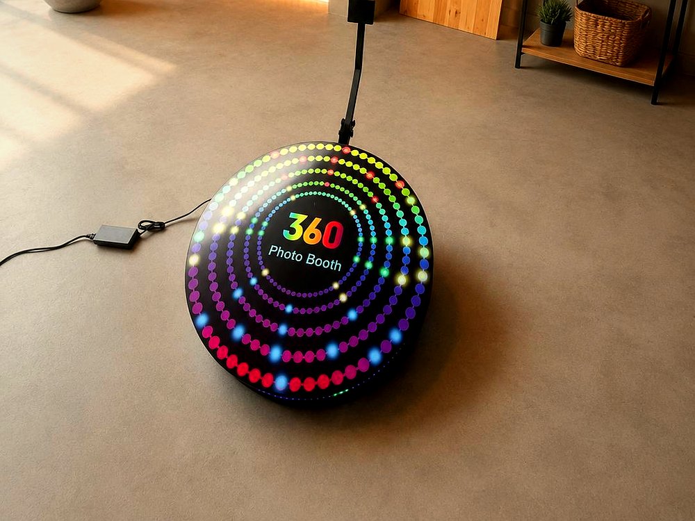 360 Grad Photo Booth mit leuchtender RGB-LED-Plattform – 360° Videobox mieten Berlin & Brandenburg